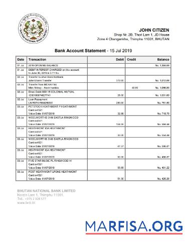 Printable Bhutan National bank statement word real example